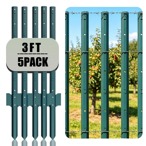 7/6/5/3 FT Metal Fencing, quick installation, U-shaped fence posts, thickened metal fencing, suitable for wire mesh fencing, backyards, farms, green (3 FT, 5 Pieces).