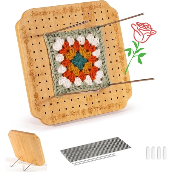 7.6 in Blocking Boards for Crochet Projects with Rose Pattern, Crochet Blocking Board with Pegs, Granny Square Blocking Board with 20 Stainless Steel Pegs, Bamboo