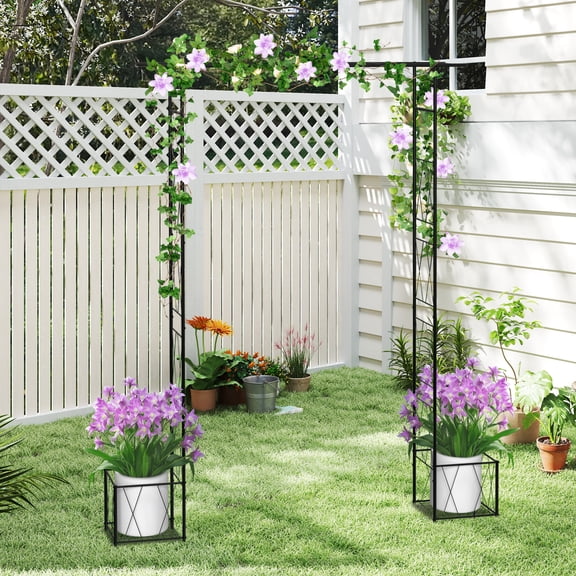 7.6 Ft Black Metal Garden Arch Trellis with Planter Boxes, Outdoor Arbor for Climbing Plants & Wedding Decor
