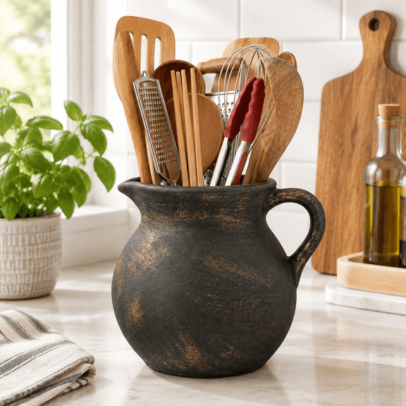 7.6 Inch Large Black Copper Ceramic Rustic Kitchen Utensil Holder Countertop Organizer