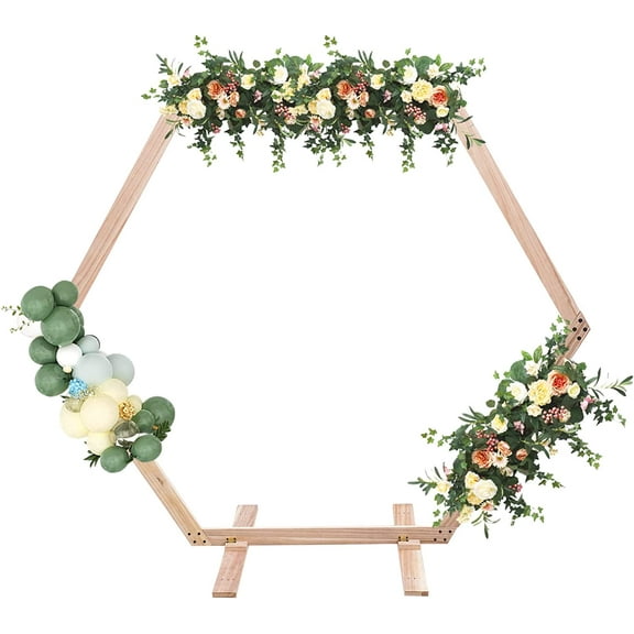 7.6 X 7.4ft Wedding Arch Elegant Wooden Wedding Hexagonal Rustic Wedding Decorations Balloon Arch Stand Garden Arch Photo Backdrop Party Stand for Outdoor, Indoor (Hexagonal Shape)