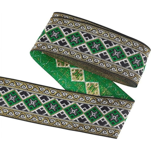 7.6 Yards Jacquard Ribbon 1.97 inch Wide Vintage Floral Embroidery Ribbon with Rhombus Pattern Green Polyester Sewing Woven Trim for DIY Craft Gift Wrapping Costume Accessory Green
