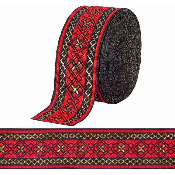 7.6 Yards Jacquard Ribbon Geometric Woven Trim Ethnic Ribbons 1.3 Inch/ 3.3cm Red Embroidered Ribbon Jacquard Braid Trim for Sewing Handmade Bag Clothing Decoration Gift Wrapping