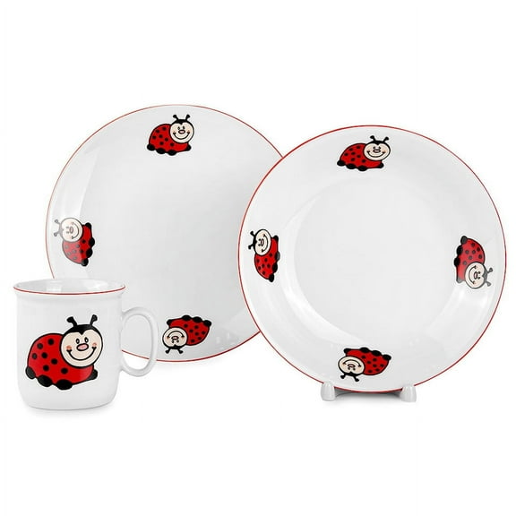 7.6 fl oz (225 ml) Porcelain Kids Plates and Mug Set Kid's Porcelain Dinnerware Set of 3 Tableware Set for Kids Deep Plate Flat Plate and Kid's Mug (Ladybugs)