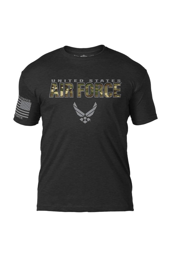 US Air Force Camo Text Men's T-Shirt Heather Black Small