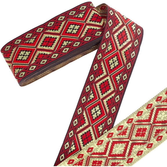 7.66 Yards Boho Jacquard Ribbon 2 Inch/5cm Rhombus Embroidered Woven Trim Ethnic Style Polyester Ribbons Fabric Trim Fringe for Sewing