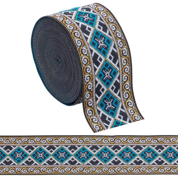 7.66 Yards Boho Jacquard Ribbon Trim 2 Inch Blue Vintage Embroidered Ribbon Rhombus Woven Trims Ethnic Jacquard Braid Ribbon for Sewing Embellishment DIY Strap Belt Collar Clothing Decoration