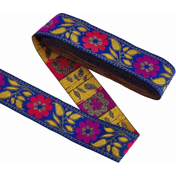 7.66 Yards Colorful Flower Pattern Jacquard Ribbon 1.32 inch Wide Ethnic Style Embroidery Polyester Ribbons Pink Yellow Floral Blue Woven Jacquard Band for Sewing Craft Decoration for DIY