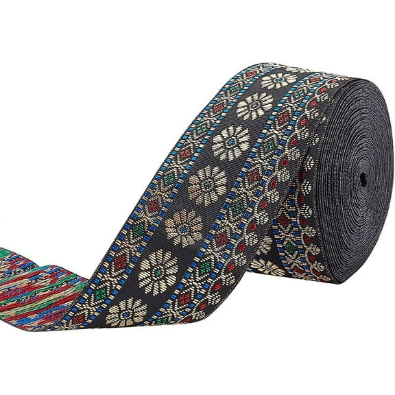 7.66Yards 1-5/8Inch Black Jacquard Single Face Embroideried Lace Trim Woven Ribbon Fabric Trim Floral Pattern Ribbon for Sewing Crafting Home Decor Gift Wrapping Embellishment