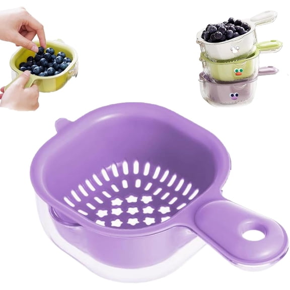 7.67in Double-Layer Fruit Washing Strainer with Handle Portable Berry & Vegetable Washer Kitchen Colander for Draining & Rinsing Purple