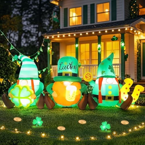 7.6FT Gnomes St Patricks Day Inflatables Outdoor Decorations Blow Up Leprechauns with Built-in LED Lights Three Gnomes Decor Clover Beer Mug Gold Coin Horseshoe for Porch Party Holiday