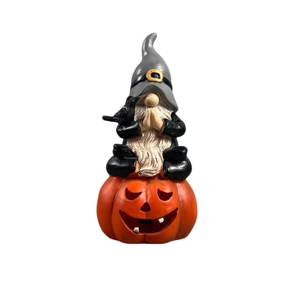 7.6IN Halloween Gnome on Pumpkin Figurine, Spooky Resin Gnome Statue with Crow, Fall Tabletop Decor for Haunted House,Gray