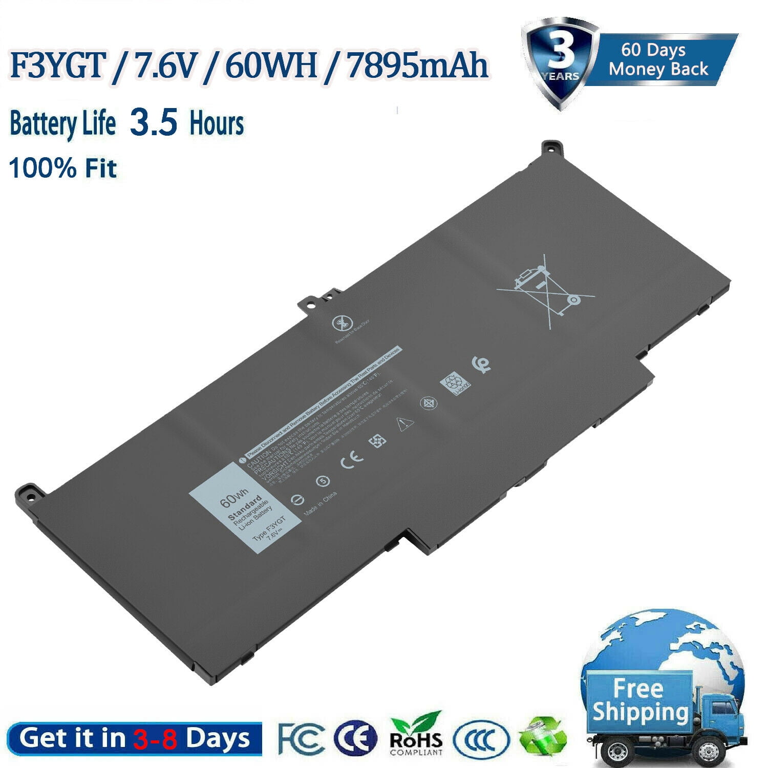DELL F3YGT Replacement Battery - 7.6V 60Wh 4-Cell For Latitude 7280/7290/7380/7390/7480/7490 Laptops
