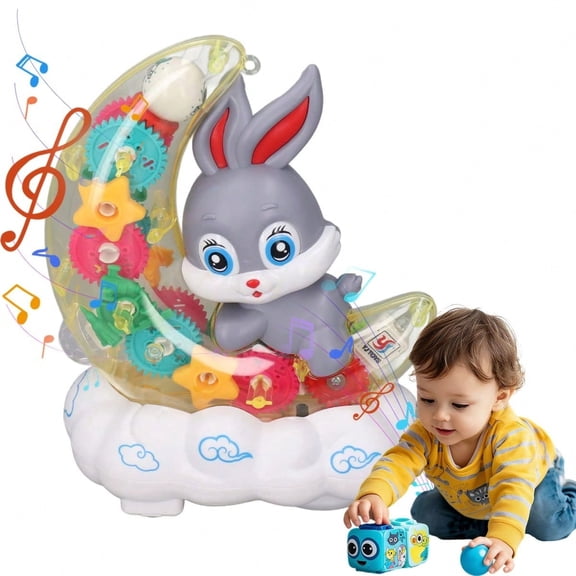 7.6in Grey Moon Rabbit Toy, Walking Bunny on Cloud with Lights & Gears, ABS Electric Plush Toy for Kids Ages 3-6