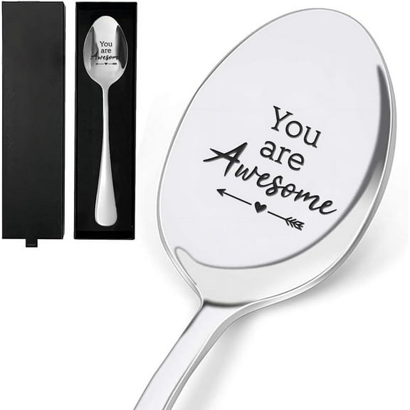 7.6inch Compliment Praise Engraved Stainless Steel Spoon with Gift Box Funny Table Dinner Spoon Soup Coffee Spoon for Friends Families Festival Wedding Anniversary for DIY