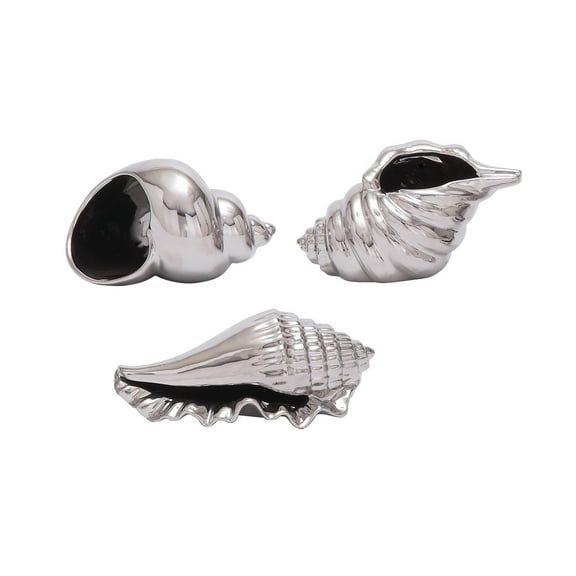 7", 7", 5"W Silver Ceramic Shell Shell Sculpture, by DecMode (3 Count)