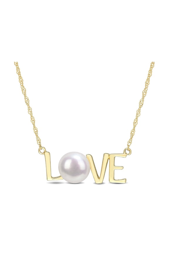 7-7.5MM Freshwater Cultured Pearl LOVE Pendant Necklace in10K Yellow Gold with Chain for Women