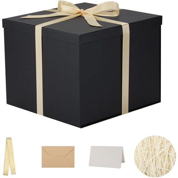 7×7×6.5 Inch Black Gift Box with Lid, Comes with Shredded Paper, Envelope Card and Ribbon for Birthday, Valentine's Day, Christmas & Anniversary Gift Packaging
