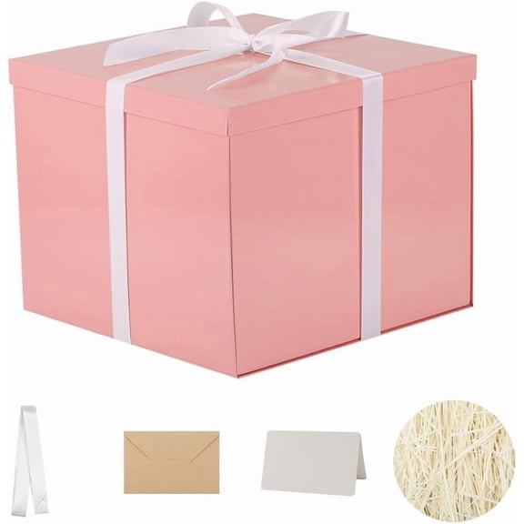 7×7×6.5 Inch Pink Gift Box with Lid, Comes with Shredded Paper, Envelope Card and Ribbon for Birthday, Valentine's Day, Christmas & Anniversary Gift Packaging