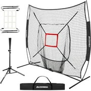 7'×7' Baseball Backstop Net Set, Baseball Softball Practice Net with Batting Tee, for Hitting Pitching Batting Catching with Bow Frame, Bonus Strike Zone,