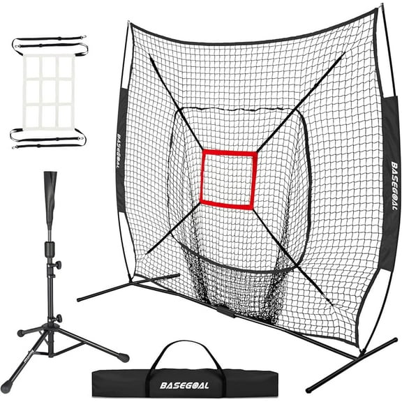 7'×7' Baseball Backstop Net Set, Baseball Softball Practice Net with Batting Tee, for Hitting Pitching Batting Catching with Bow Frame, Bonus Strike Zone,