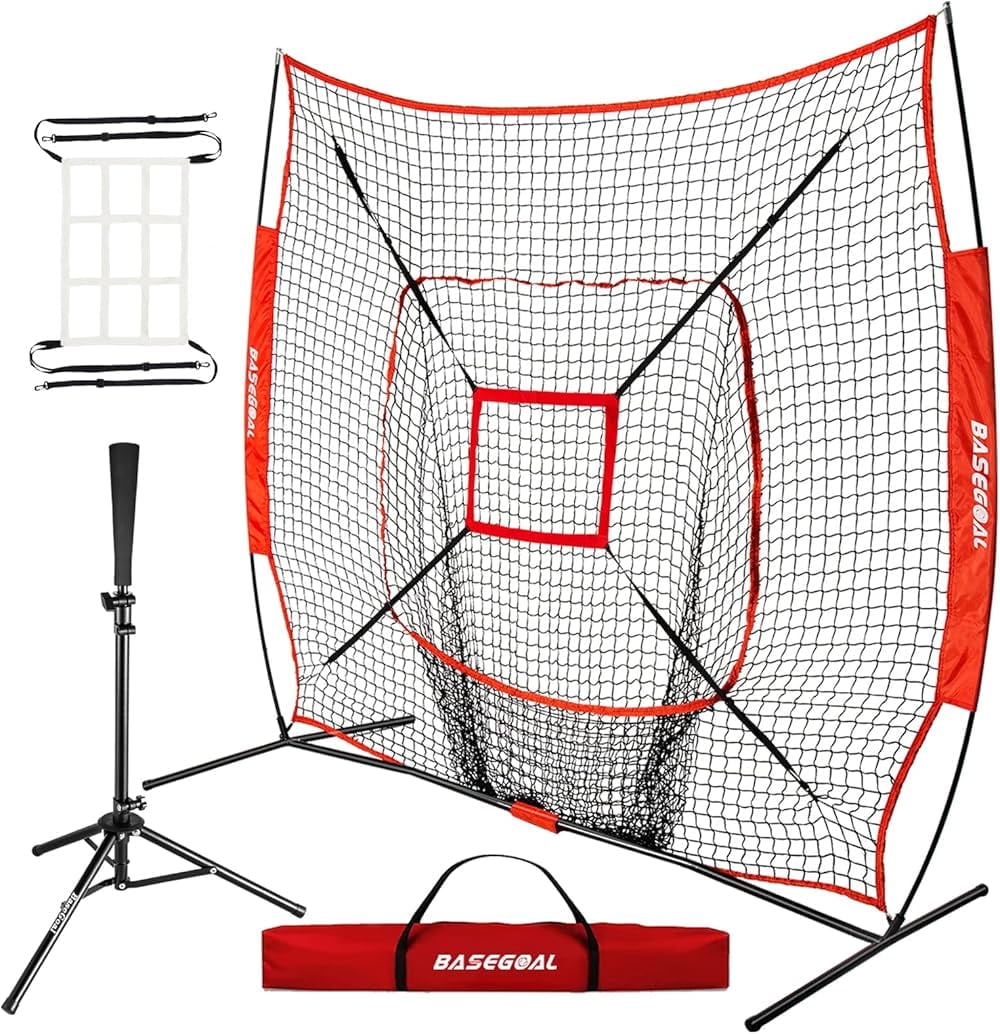 7'×7' Baseball Backstop Net Set, Baseball Softball Practice Net with Batting Tee, for Hitting Pitching Batting Catching with Bow Frame, Bonus Strike Zone