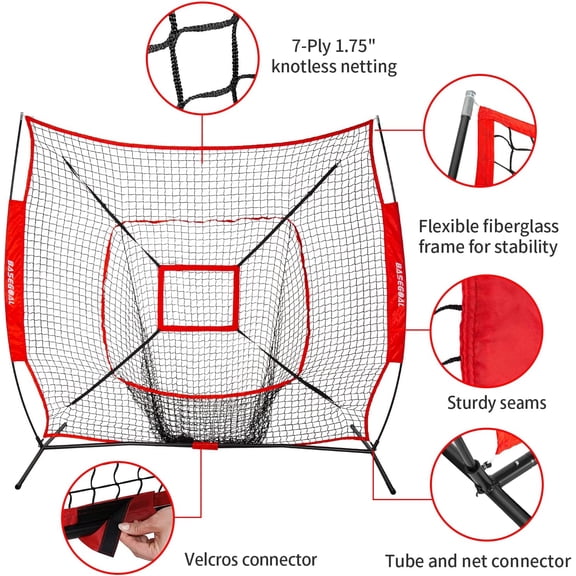 7'×7' Baseball Softball Practice Net, Baseball Backstop, for Hitting Pitching Batting Catching with Bow Frame, Bonus Strike Zone