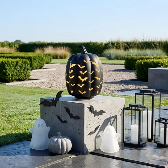 7.7" Black LED Bat Cutout Pumpkin Decoration, Illuminated Matte Resin Jack-o'-Lantern with Warm Glow, Fall & Thanksgiving Tabletop Mantel Display