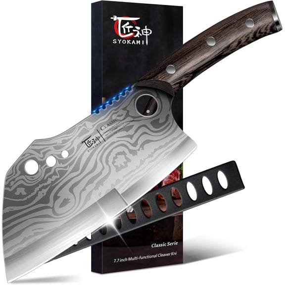 7.7 Inch Meat Cleaver Chef Knife with Sheath and Herb Stripper, Heavy Duty Bone Cutting Chopping Knife, Damascus Pattern Full Tang Wood Handle, Birthday Gift for Men