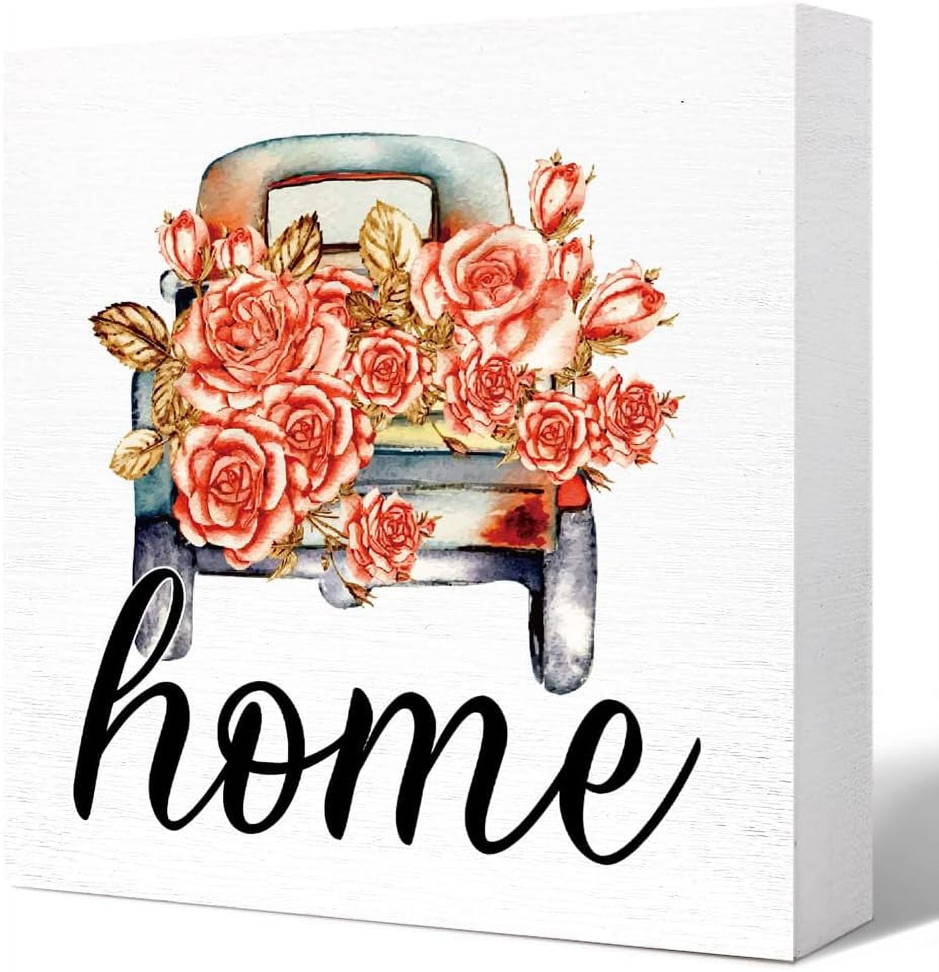 7"×7" Spring Desk Decor,Home Sign Floral Truck Wood Block Plaque Box