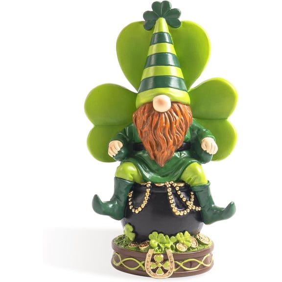 7.7" St Patricks Day Gnomes Decorations, Resin Saint Patrick's Leprechaun Pot Of Gold Shamrock Figurines, Green Indoor Table Centerpieces Shelf Mantel Office Desk March Home Decor Irish Gifts