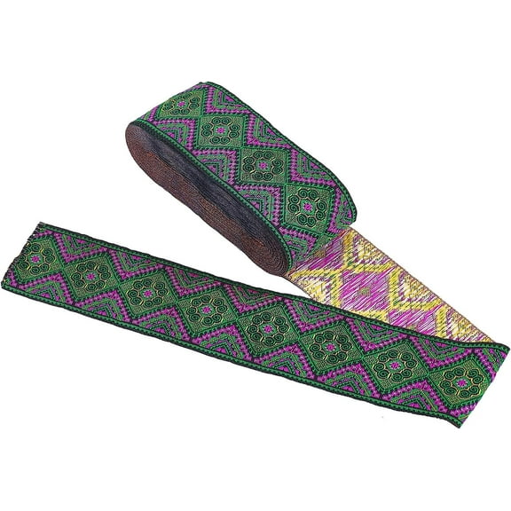 7.7 Yard 2 Inch 51mm Ethnic Embroidery Ribbons Dark Green Jacquard Ribbon with Flower and Geometric Pattern Vintage Woven Fabric Trim for Garment Accessories DIY Crafts and Making