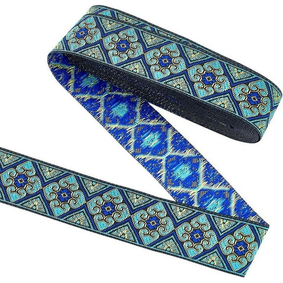 7.7 Yard Blue Ethnic Style Jacquard Ribbon 1.3 inch Wide Rhombus Floral Pattern Woven Trim Vintage Embroidery Polyester Ribbons Fabric Trim for Sewing Craft Gift Wrapping Clothing