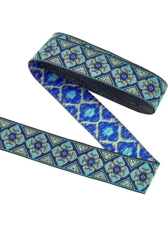 7.7 Yard Blue Ethnic Style Jacquard Ribbon 1.3 inch Wide Rhombus Floral Pattern Woven Trim Vintage Embroidery Polyester Ribbons Fabric Trim for Sewing Craft Gift Wrapping Clothing