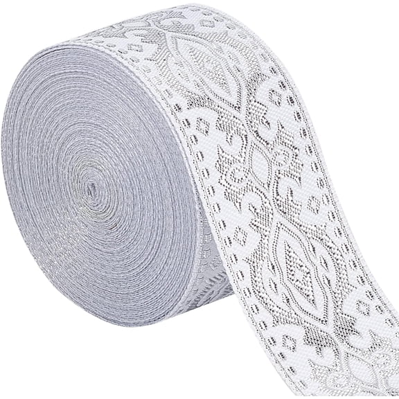 Ethnic Jacquard Ribbon 33mm Wide Double Side Silver Floral Embroidery Polyester Woven Ribbons White Trim Fringe Band for DIY Sewing Crafts Clothing Curtain Home Embellishment Accessories