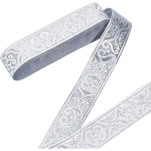 7.7 Yards Silver Jacquard Ribbon Trim 1-1/4 Inch Wide Boho Woven Trim Ethnic Floral Embroidery Polyester Flat Ribbon for DIY Craft Clothing Accessories Decorations