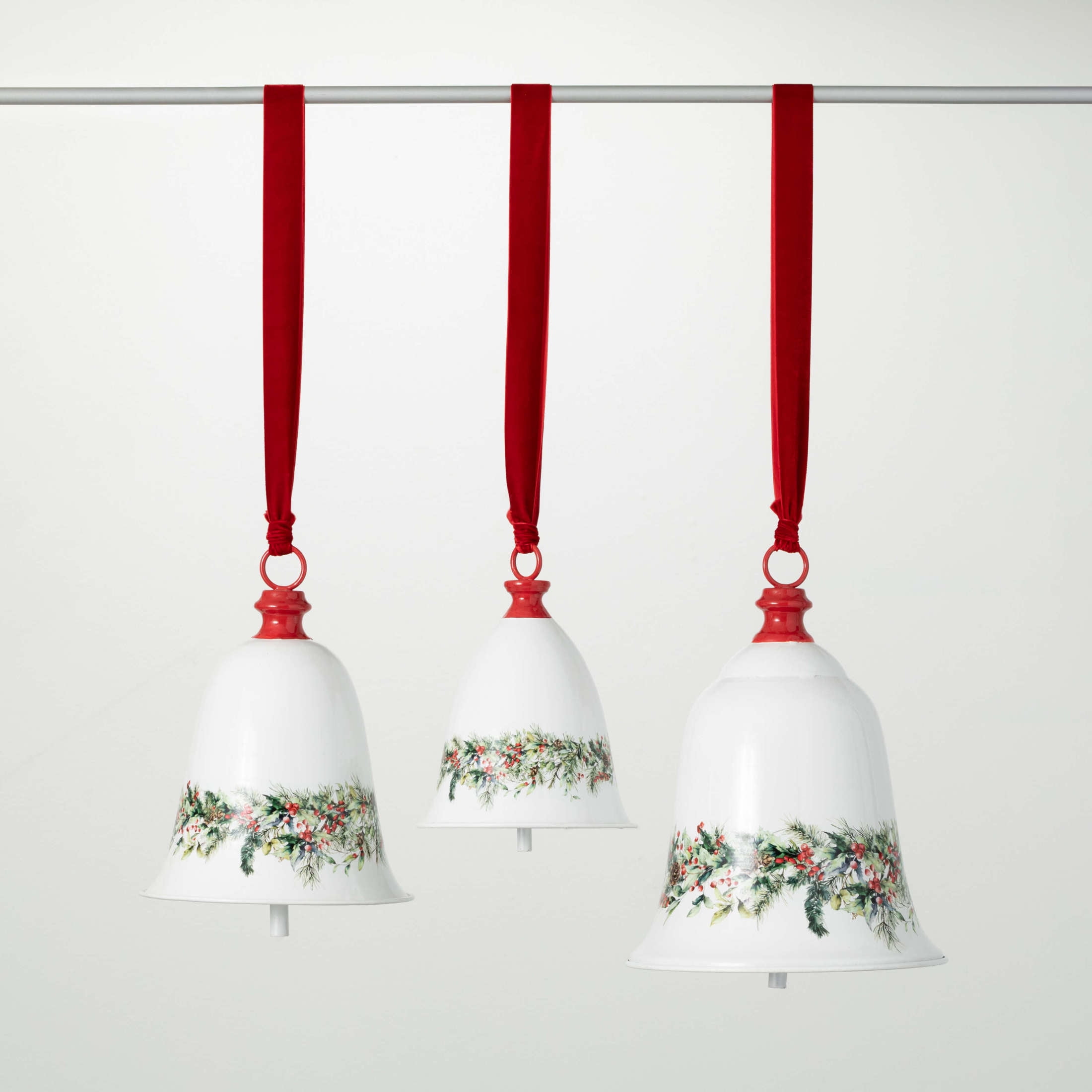 White and Red Metal Christmas Bell Ornament Set, 3 Pieces