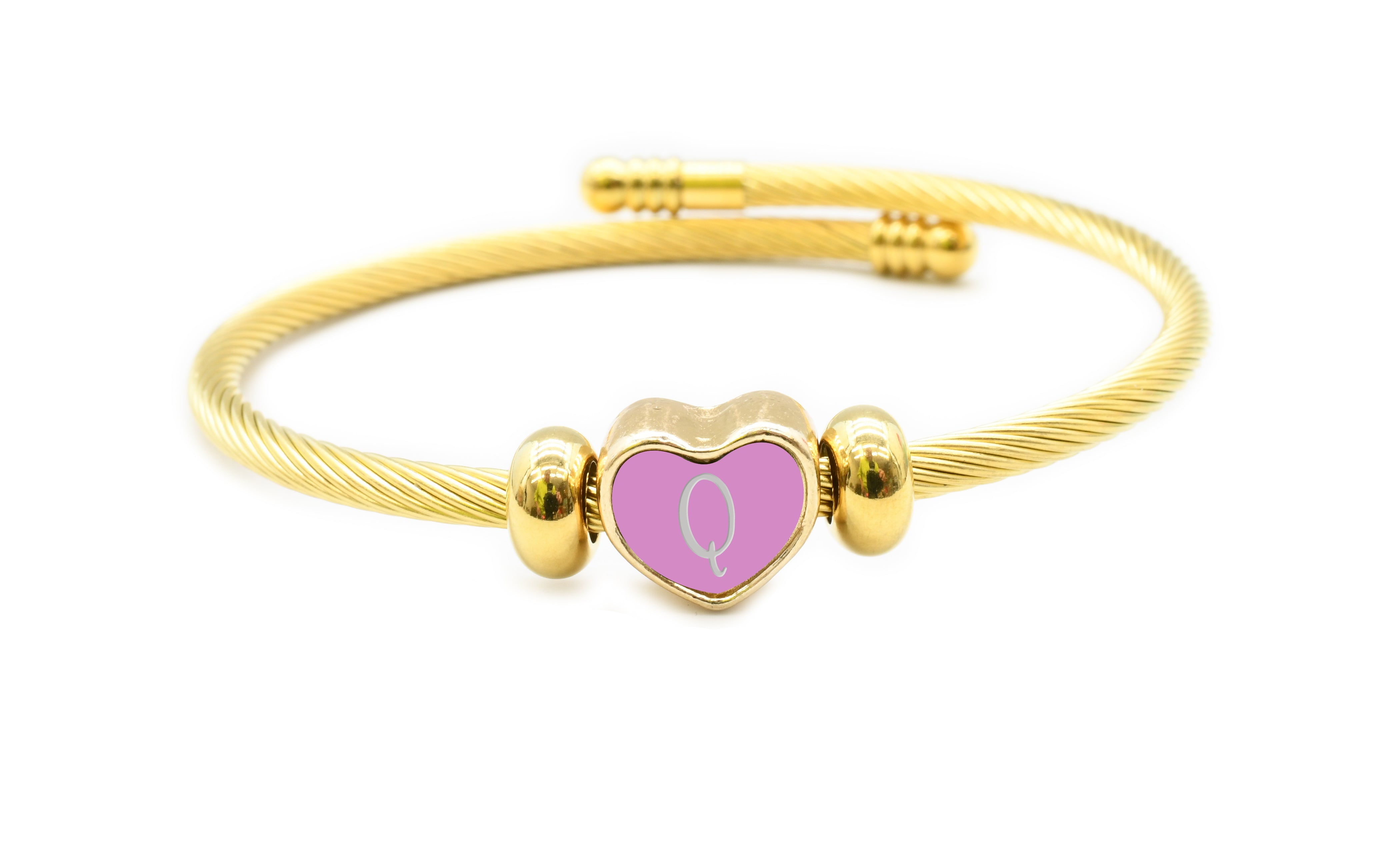 7.75 inch Interchangeable Reversible Gold Tone Heart Cable Initial Bracelets by Pink Box - Lilac