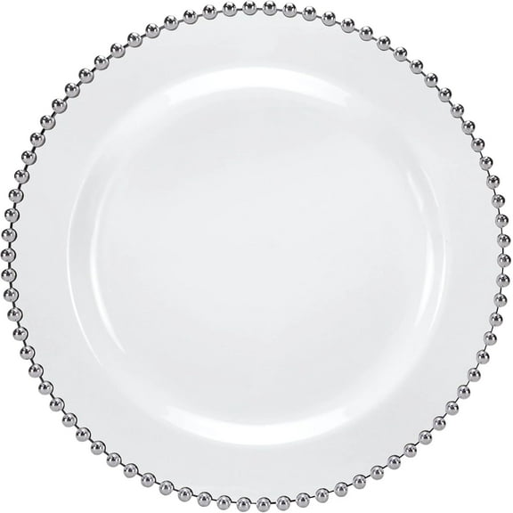 7.75 Inch Silver Beaded Clear Round Salad Plate – Elegant Disposable Plastic Salad Plate for Weddings, Parties, Catering, and Buffets – Durable & Reusable Tableware – Food Safe, BPA Free Design (10)