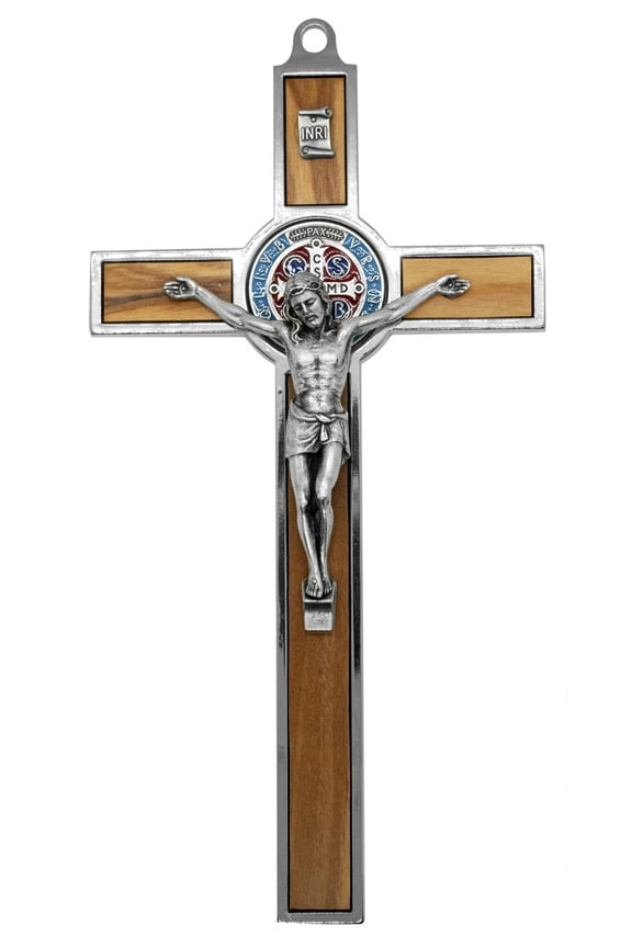 7.75" Silver-Tone St. Benedict Cross with Wood Inlays and Colored Medal