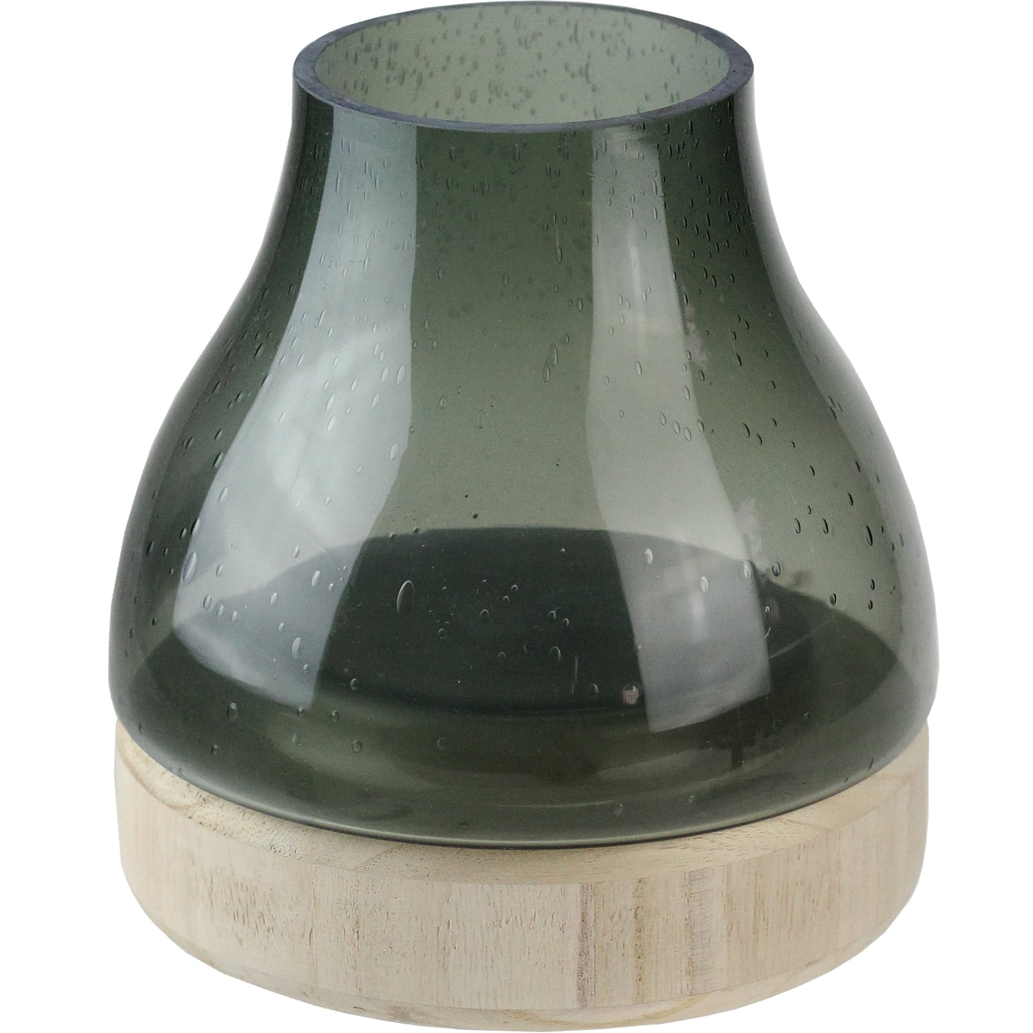 Storm Gray Bubble Glass Hurricane Candle Holder with Wooden Base