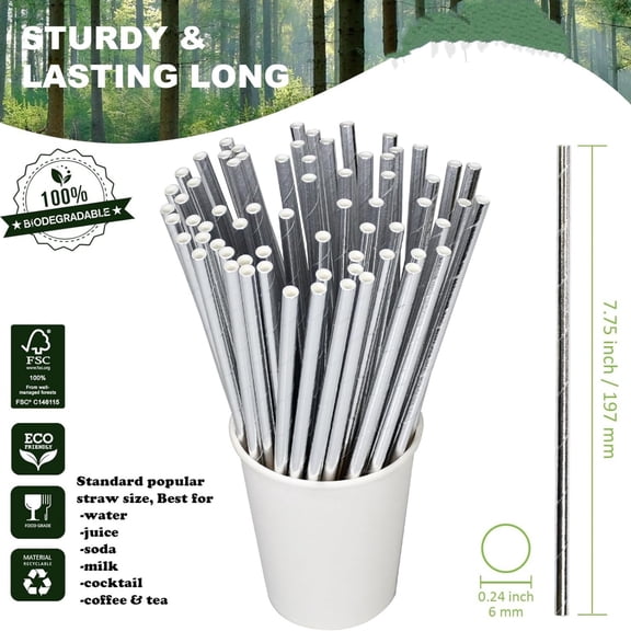 7.75 inch Disposable Silver Paper Straws 1000 Counts - for Drinking, Cocktail, Bar, Restaurant, Party, Wedding