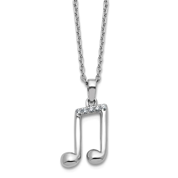 7.75mm Ss Rhodium Plated White Ice .05 Diamond Music Note With 2 Inch Extension Necklace 18 Inch Pendant Necklace for Wo