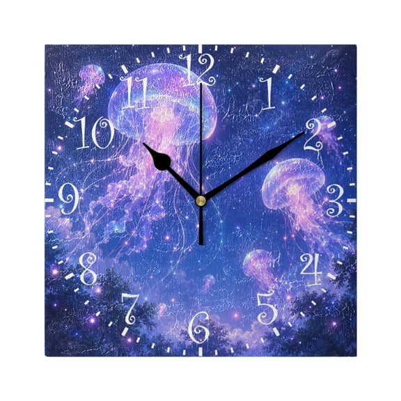 7.78" Black Analog Square Wall Clock Floating Fluorescent Jellyfish