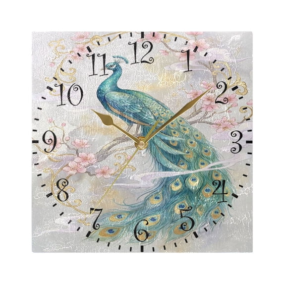 7.78" Gold Analog Square Wall Clock Peacocks and Cherry Blossoms