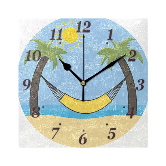 Beach Palm Trees Wall Clock Square Clock Decoration Creative Clock Dual Use Black Pointer 7.78in