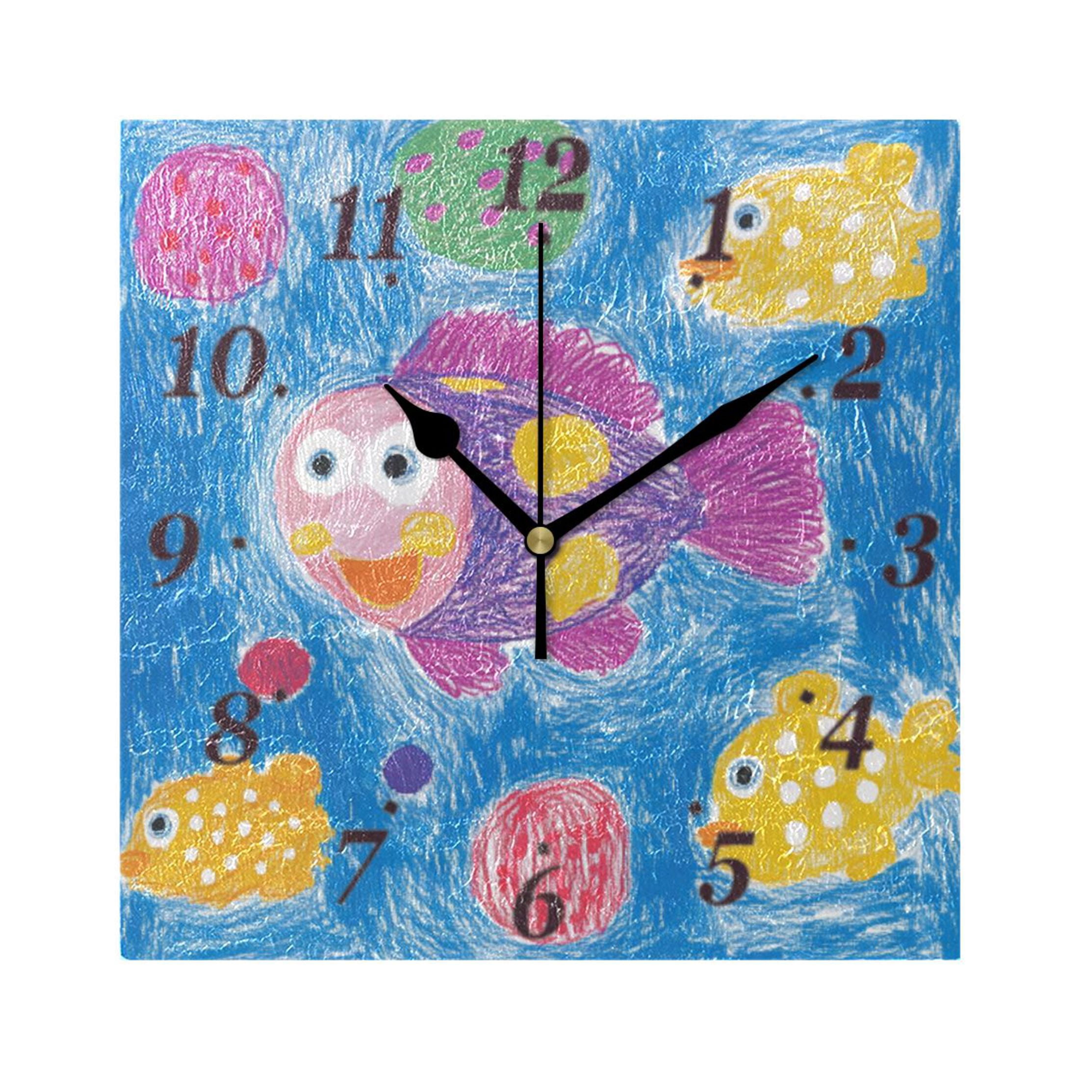 7.78in Child's Drawing Fish Square Wall and Table Clock Dual Use ...
