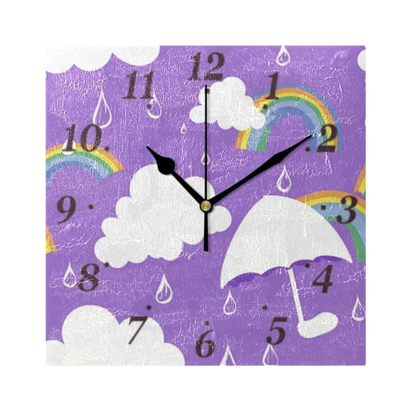 Cloud Umbrella and Rainbow Wall Clock Square Clock Decoration Creative Clock Dual Use Black Pointer 7.78in