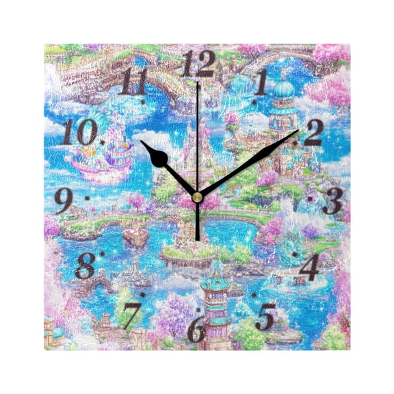 Fantasy Blossom Island Wall Clock Square Clock Decoration Creative Clock Dual Use Black Pointer 7.78in