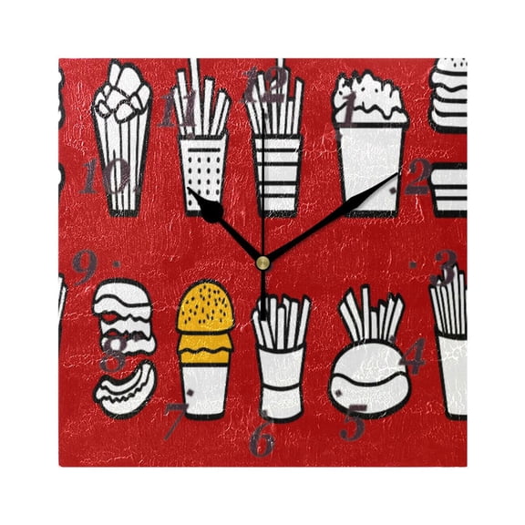 Fast Food Collection Pattern Wall Clock Square Clock Decoration Creative Clock Dual Use Black Pointer 7.78in
